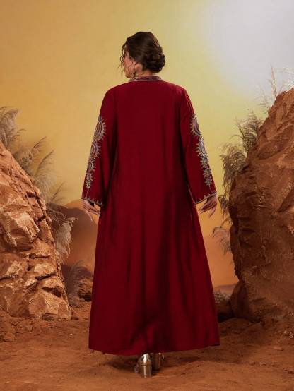 Leely Plus Middle East Arabic Muslim Abaya Women's Loose Long Sleeve Notched Embroidery Maxi Dress