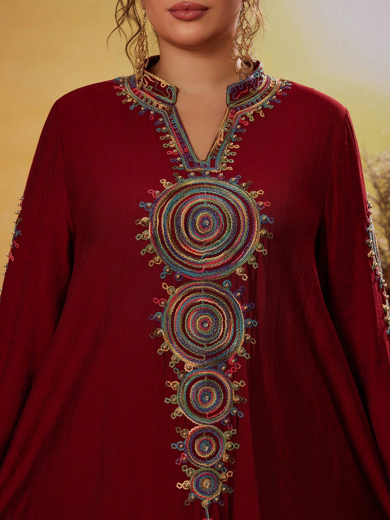 Leely Plus Middle East Arabic Muslim Abaya Women's Loose Long Sleeve Notched Embroidery Maxi Dress