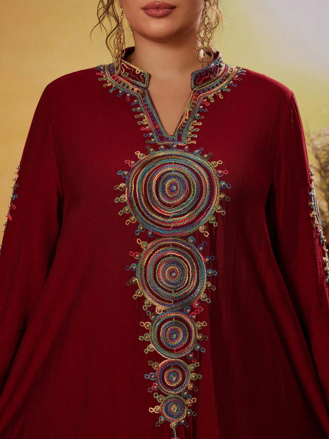 Leely Plus Middle East Arabic Muslim Abaya Women's Loose Long Sleeve Notched Embroidery Maxi Dress