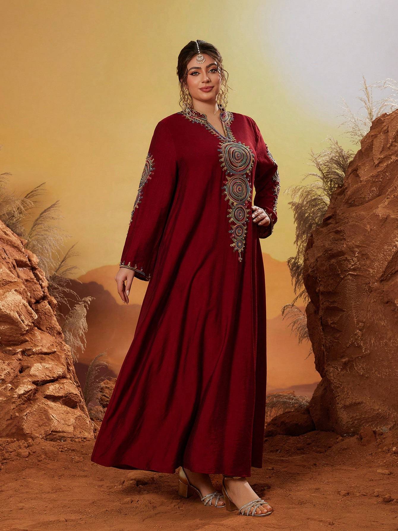 Leely Plus Middle East Arabic Muslim Abaya Women's Loose Long Sleeve Notched Embroidery Maxi Dress