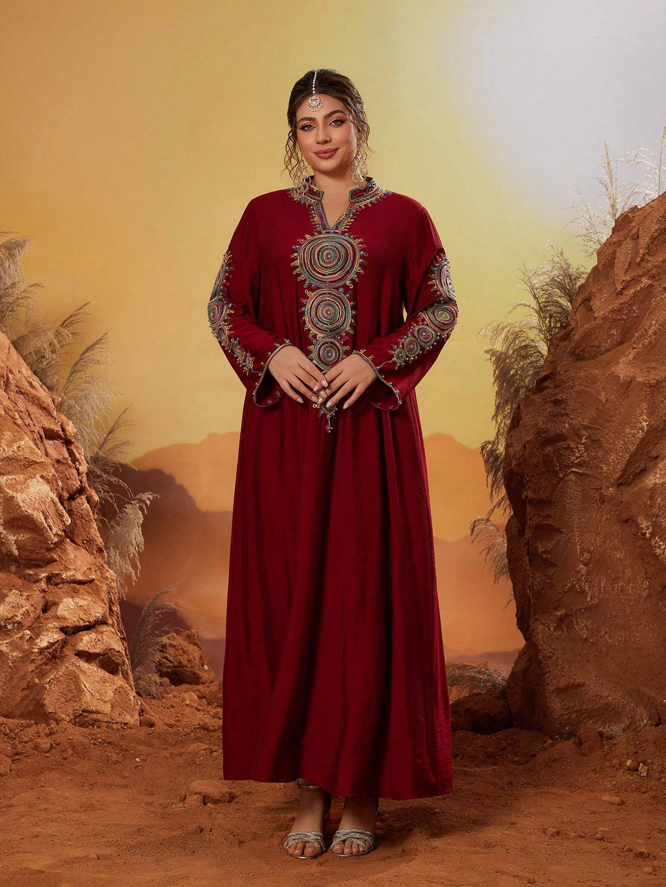 Leely Plus Middle East Arabic Muslim Abaya Women's Loose Long Sleeve Notched Embroidery Maxi Dress