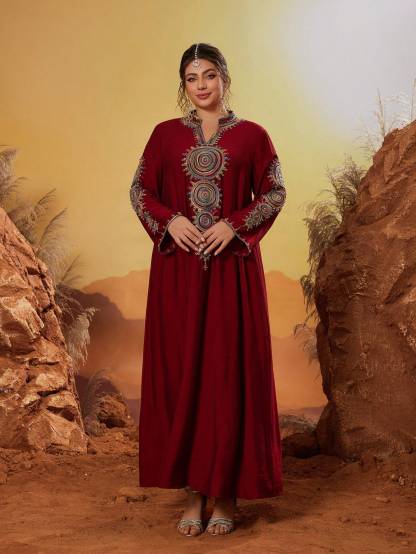 Leely Plus Middle East Arabic Muslim Abaya Women's Loose Long Sleeve Notched Embroidery Maxi Dress