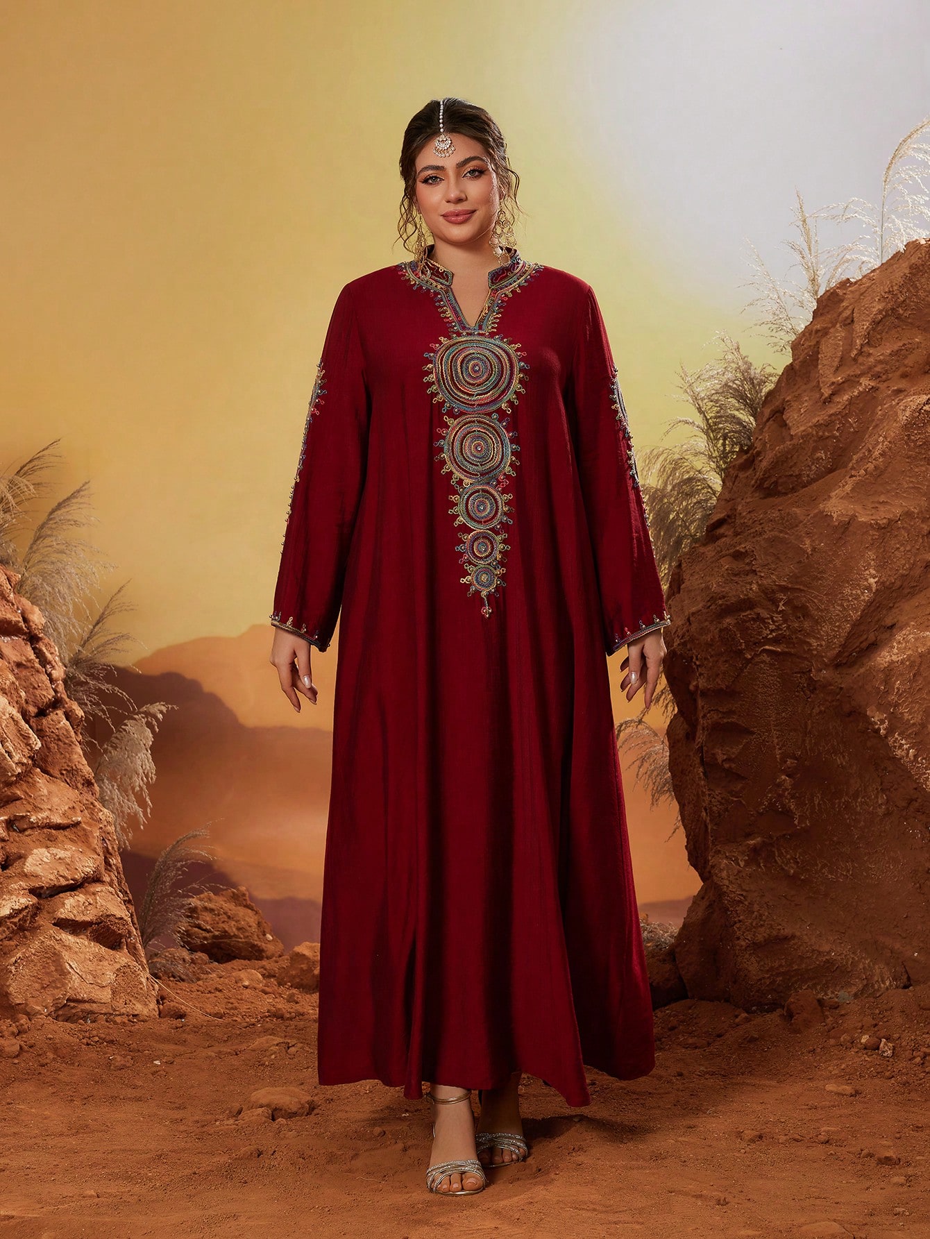 Leely Plus Middle East Arabic Muslim Abaya Women's Loose Long Sleeve Notched Embroidery Maxi Dress