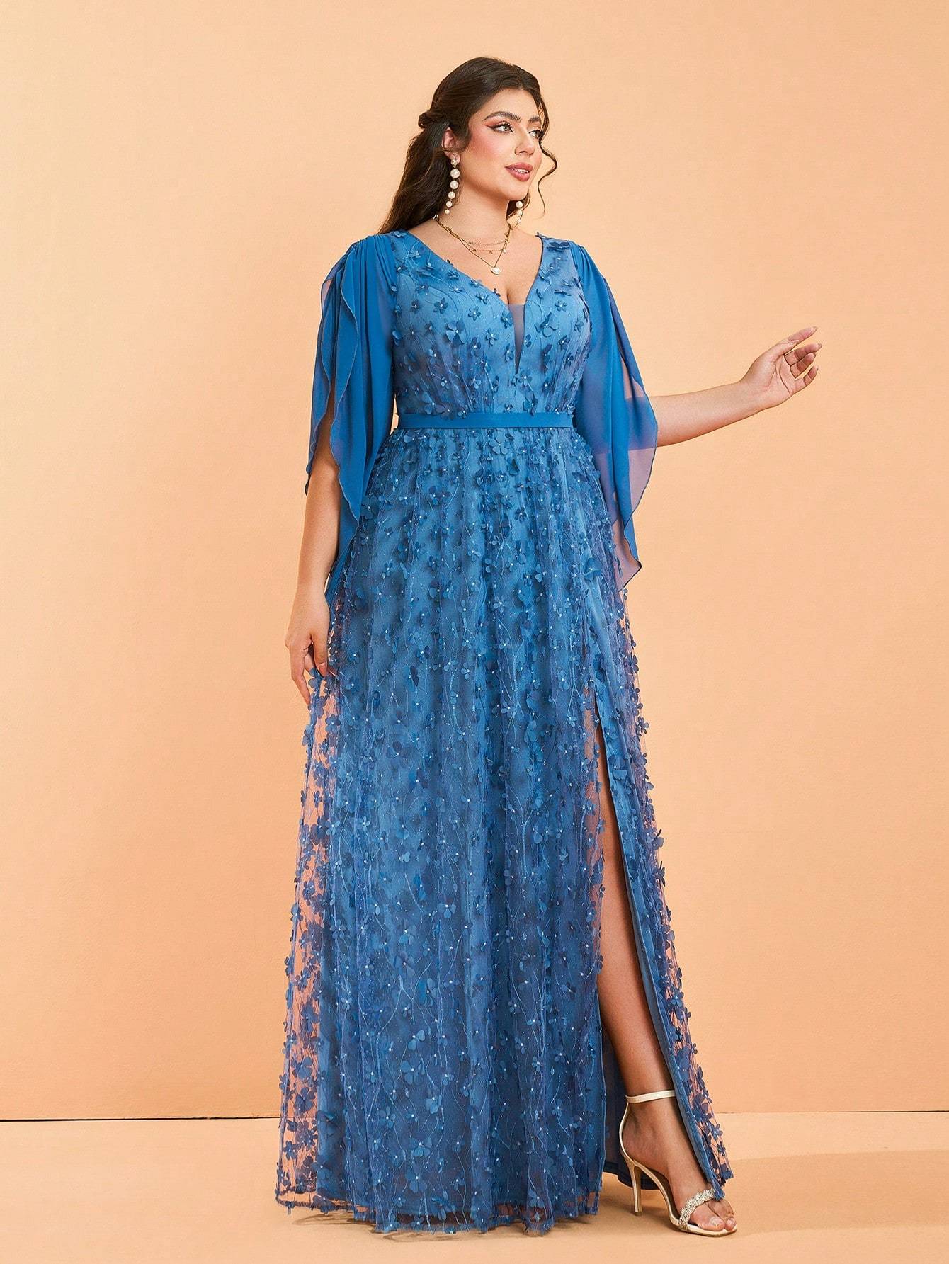 Leely Plus Women's Elegant V Neck Flounce Sleeve Graduation & Prom Dresses