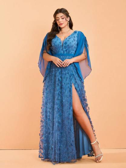 Leely Plus Women's Elegant V Neck Flounce Sleeve Graduation & Prom Dresses