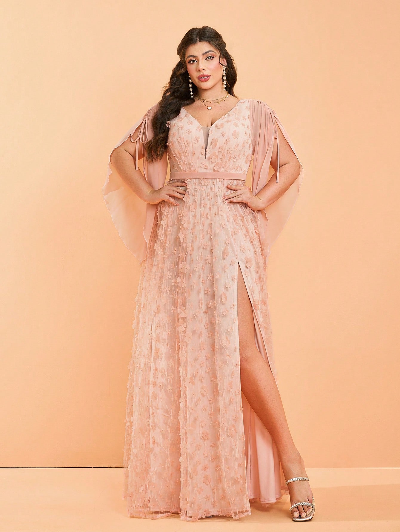Leely Plus Women's Elegant V Neck Flounce Sleeve Graduation & Prom Dresses