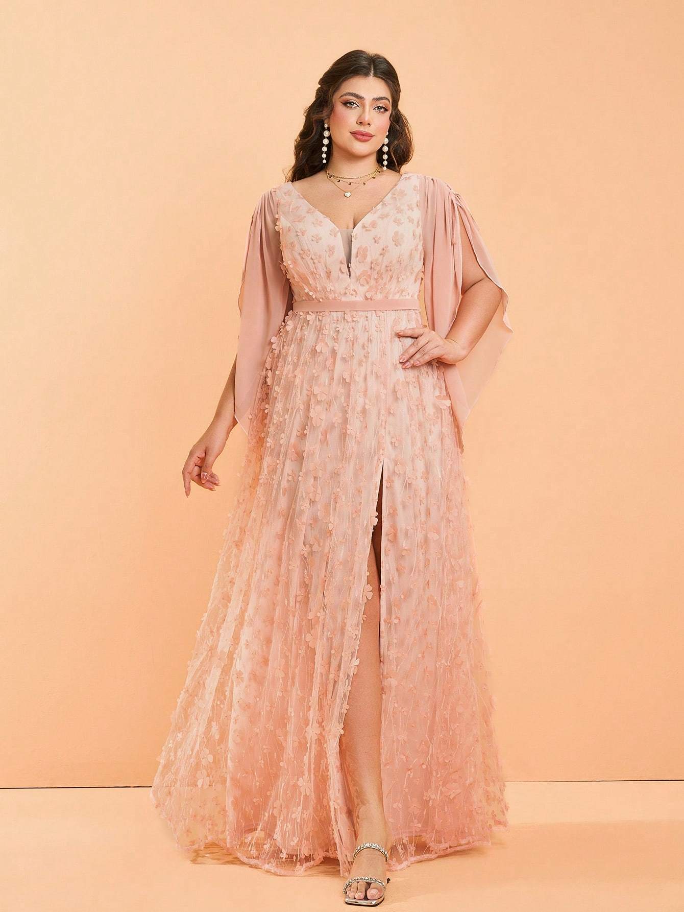 Leely Plus Women's Elegant V Neck Flounce Sleeve Graduation & Prom Dresses