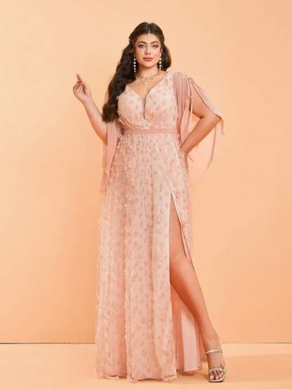Leely Plus Women's Elegant V Neck Flounce Sleeve Graduation & Prom Dresses