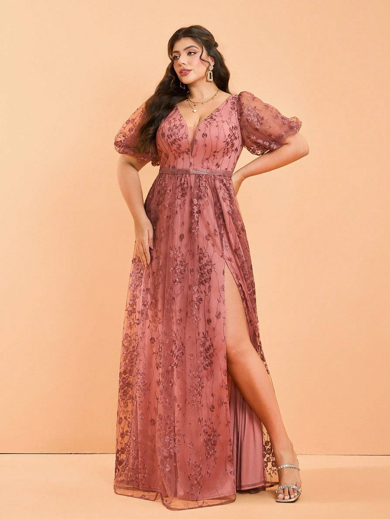 Leely Plus Women's V Neck Short Sleeve A‑Line Party Dress