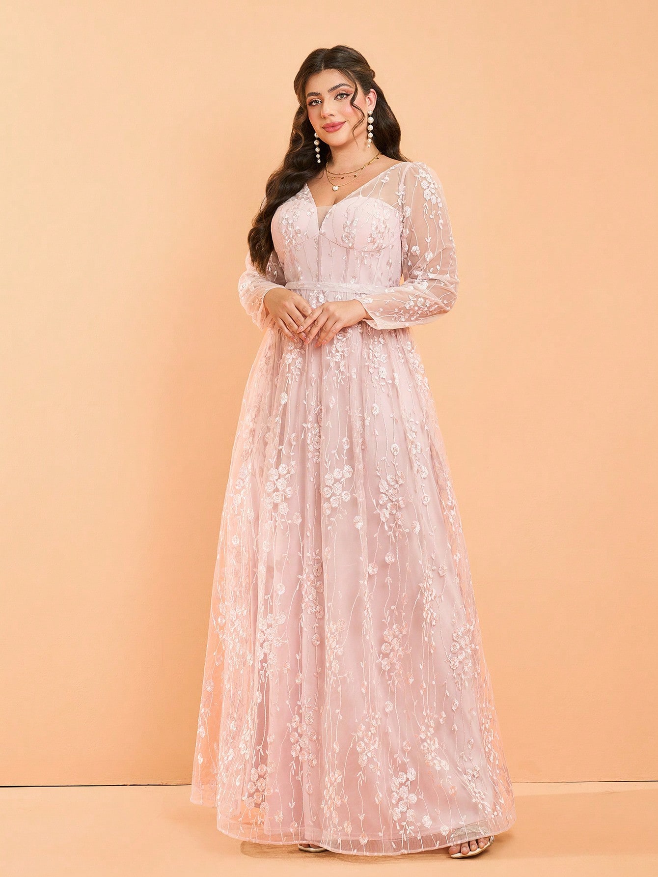 Leely Plus Women's V Neck Long Sleeve A‑Line Party Dress