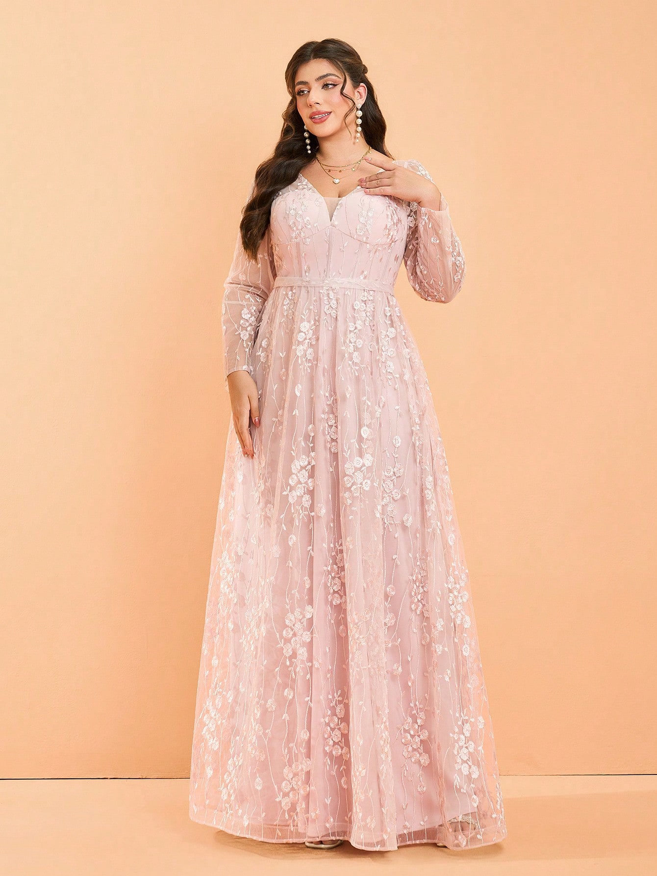 Leely Plus Women's V Neck Long Sleeve A‑Line Party Dress