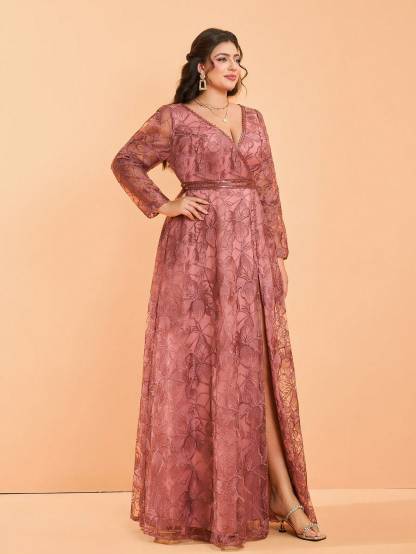 Leely Plus Women's Elegant V Neck Long Sleeve Party Dresses