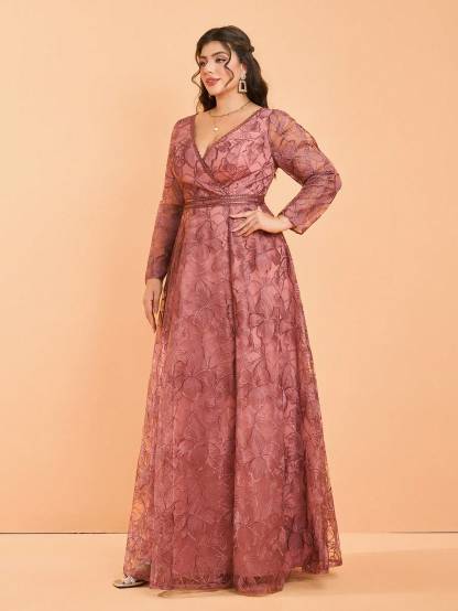 Leely Plus Women's Elegant V Neck Long Sleeve Party Dresses