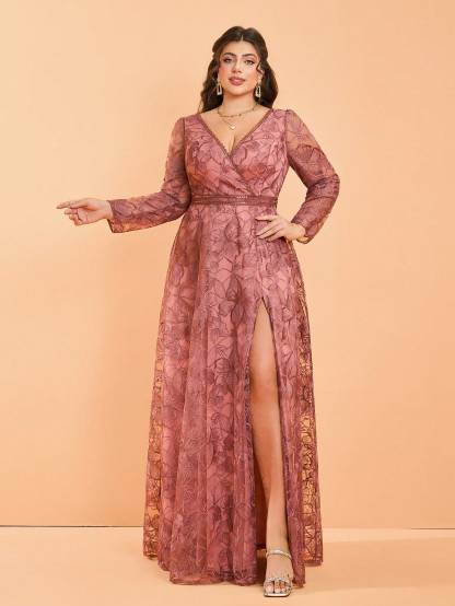 Leely Plus Women's Elegant V Neck Long Sleeve Party Dresses