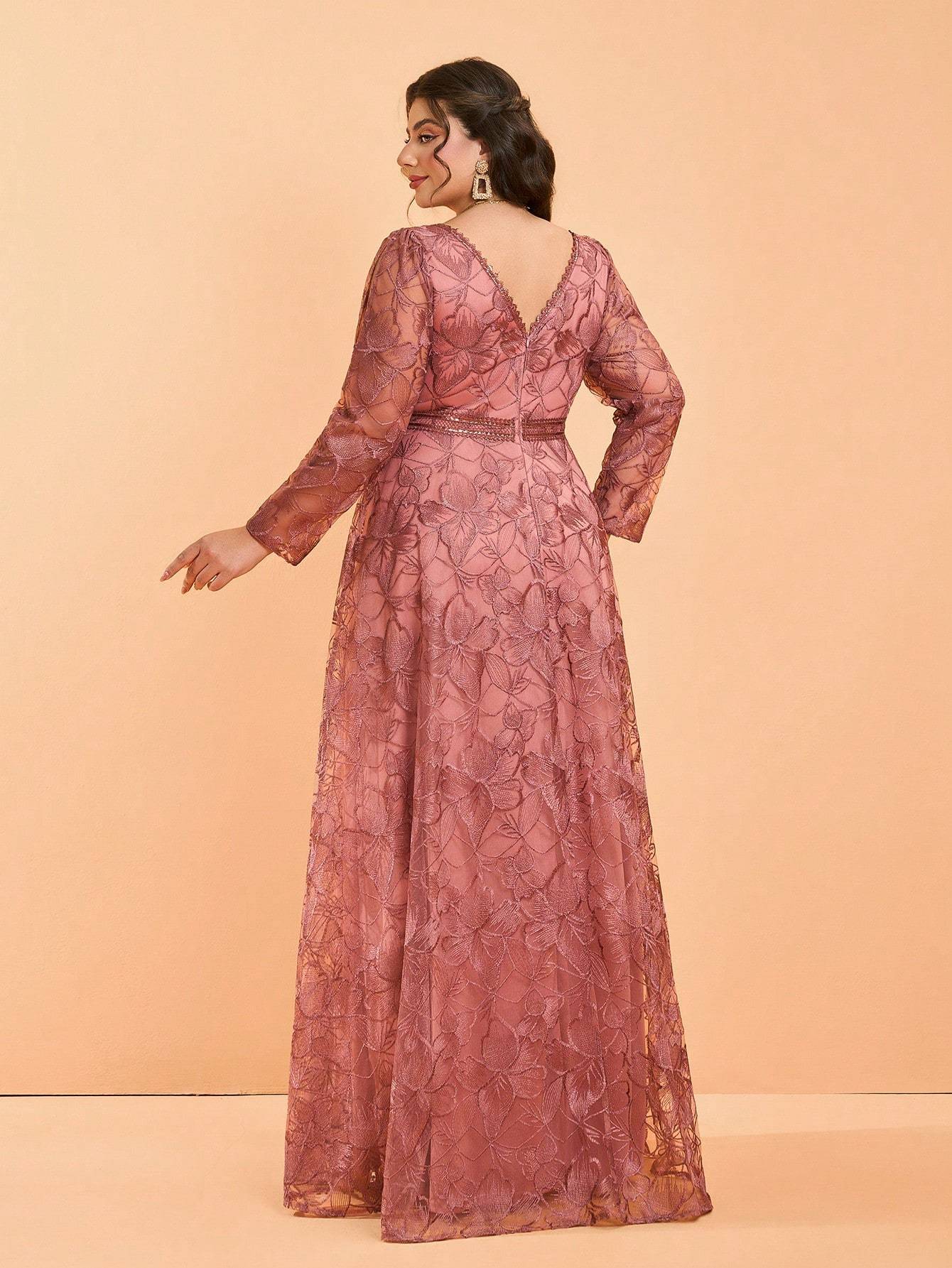 Leely Plus Women's Elegant V Neck Long Sleeve Party Dresses