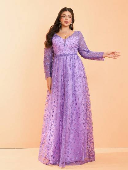 Leely Plus Women's V Neck Long Sleeve A‑Line Party Dress