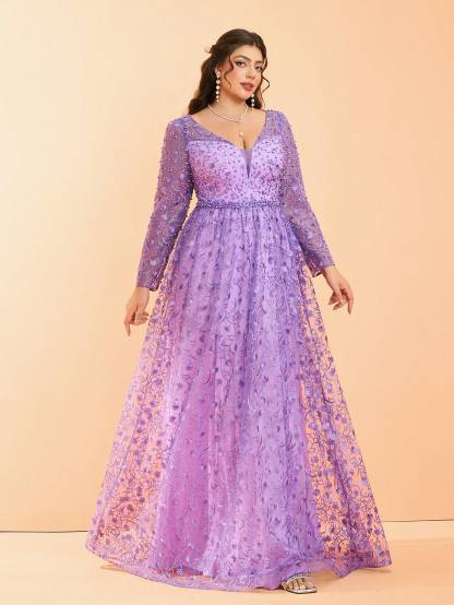 Leely Plus Women's V Neck Long Sleeve A‑Line Party Dress