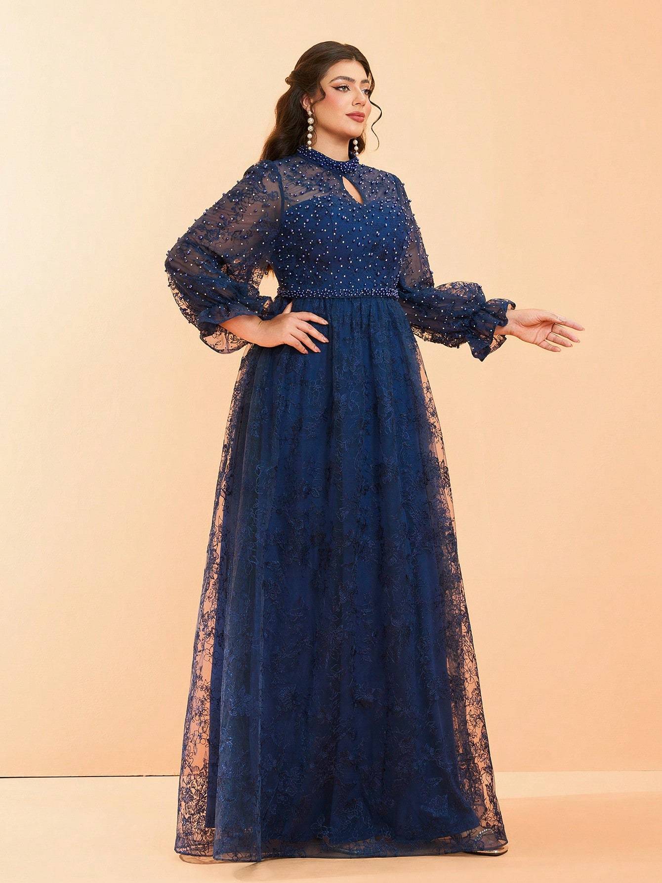 Leely Plus Women's Stand Collar Long Sleeve A‑Line Party Dress