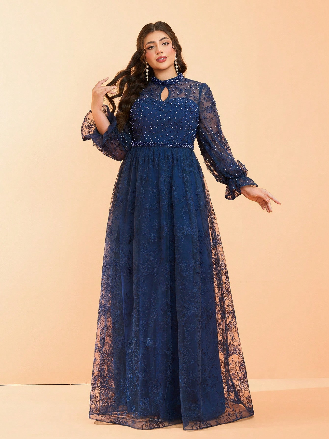 Leely Plus Women's Stand Collar Long Sleeve A‑Line Party Dress