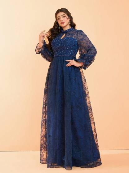 Leely Plus Women's Stand Collar Long Sleeve A‑Line Party Dress