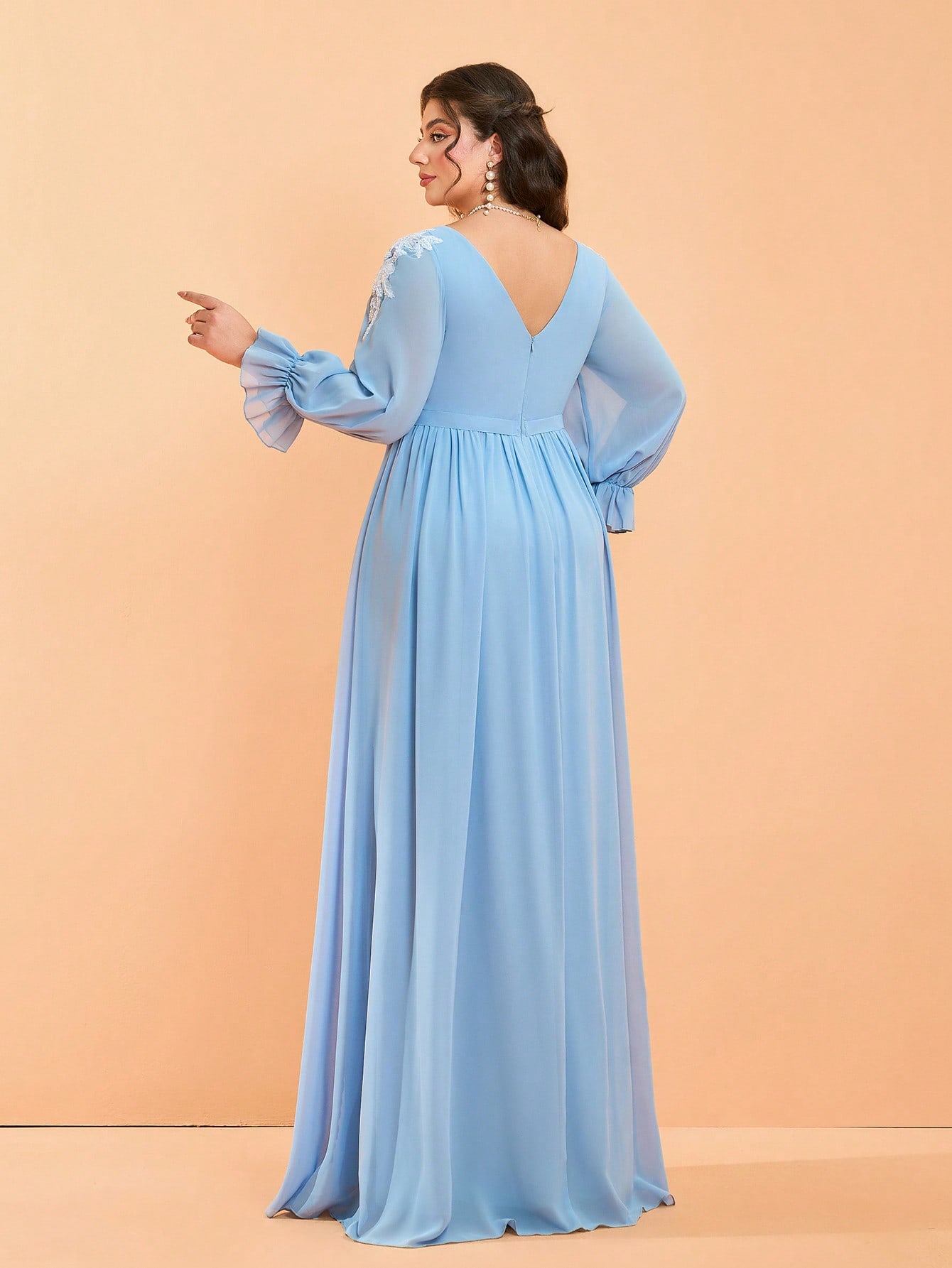 Leely Plus Women's Elegant V Neck Bishop Sleeve A Line Dress