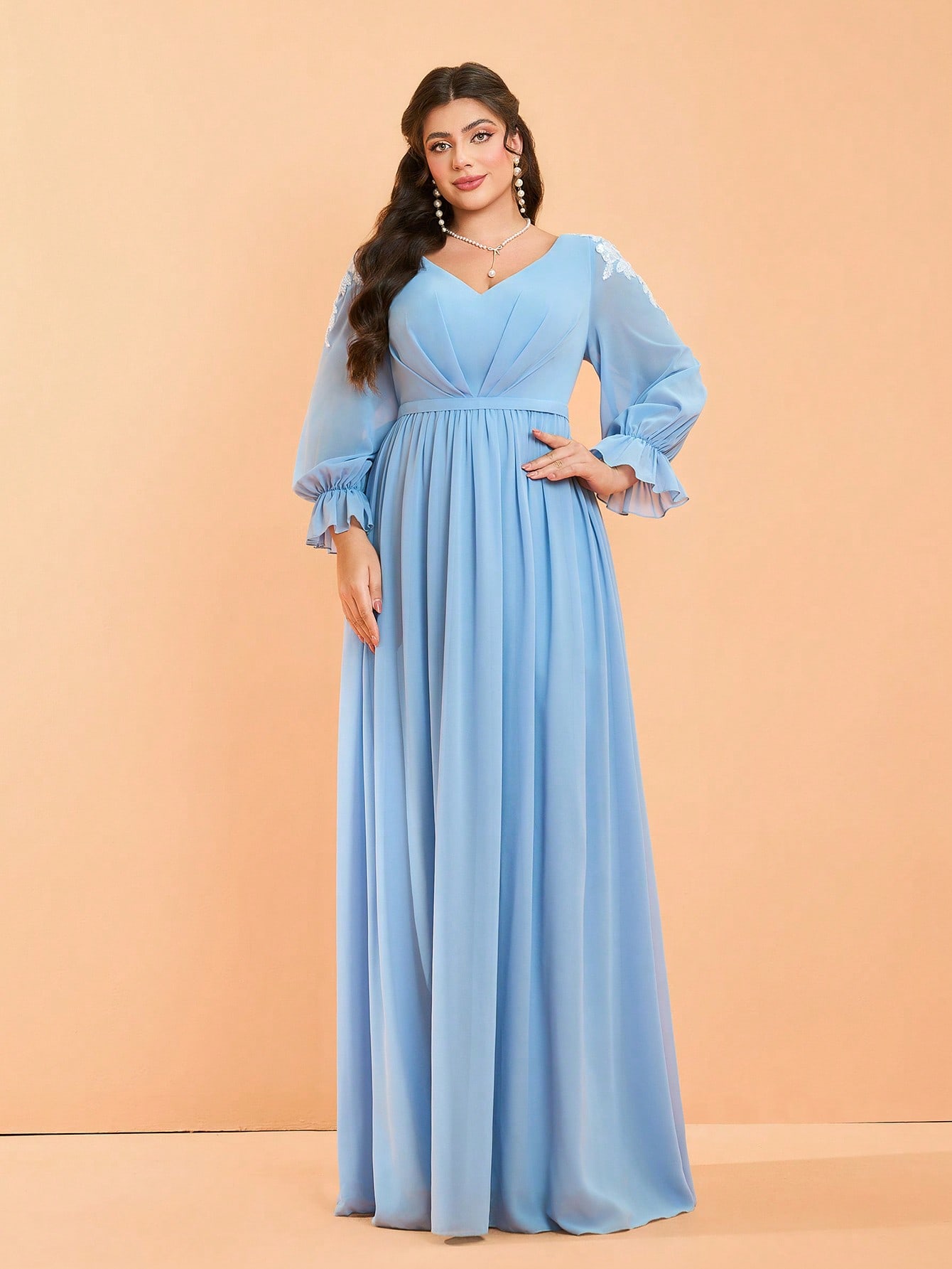 Leely Plus Women's Elegant V Neck Bishop Sleeve A Line Dress