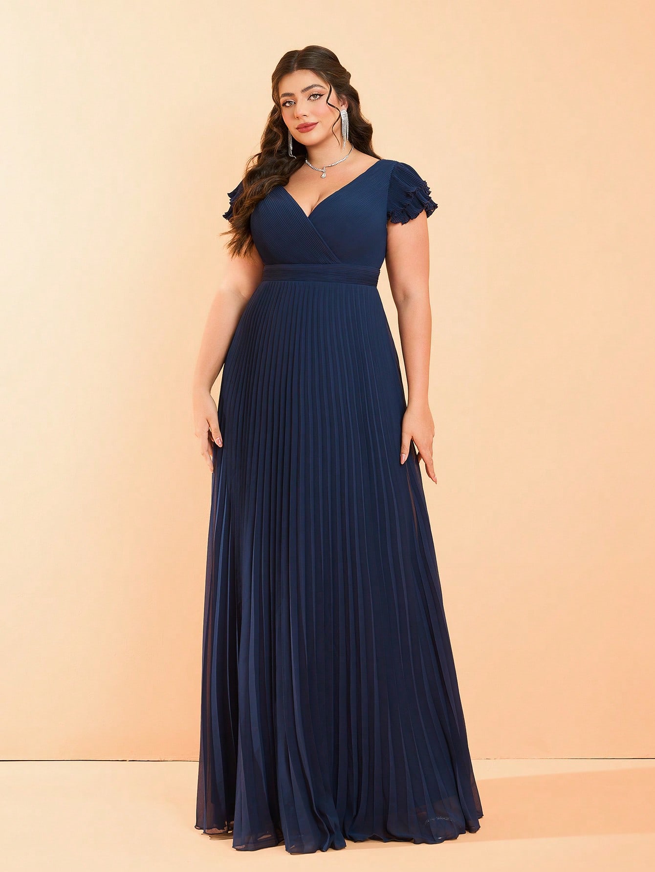 [Copy]Leely Plus Women's Elegant V Neck Cap Sleeve Pleated Dress