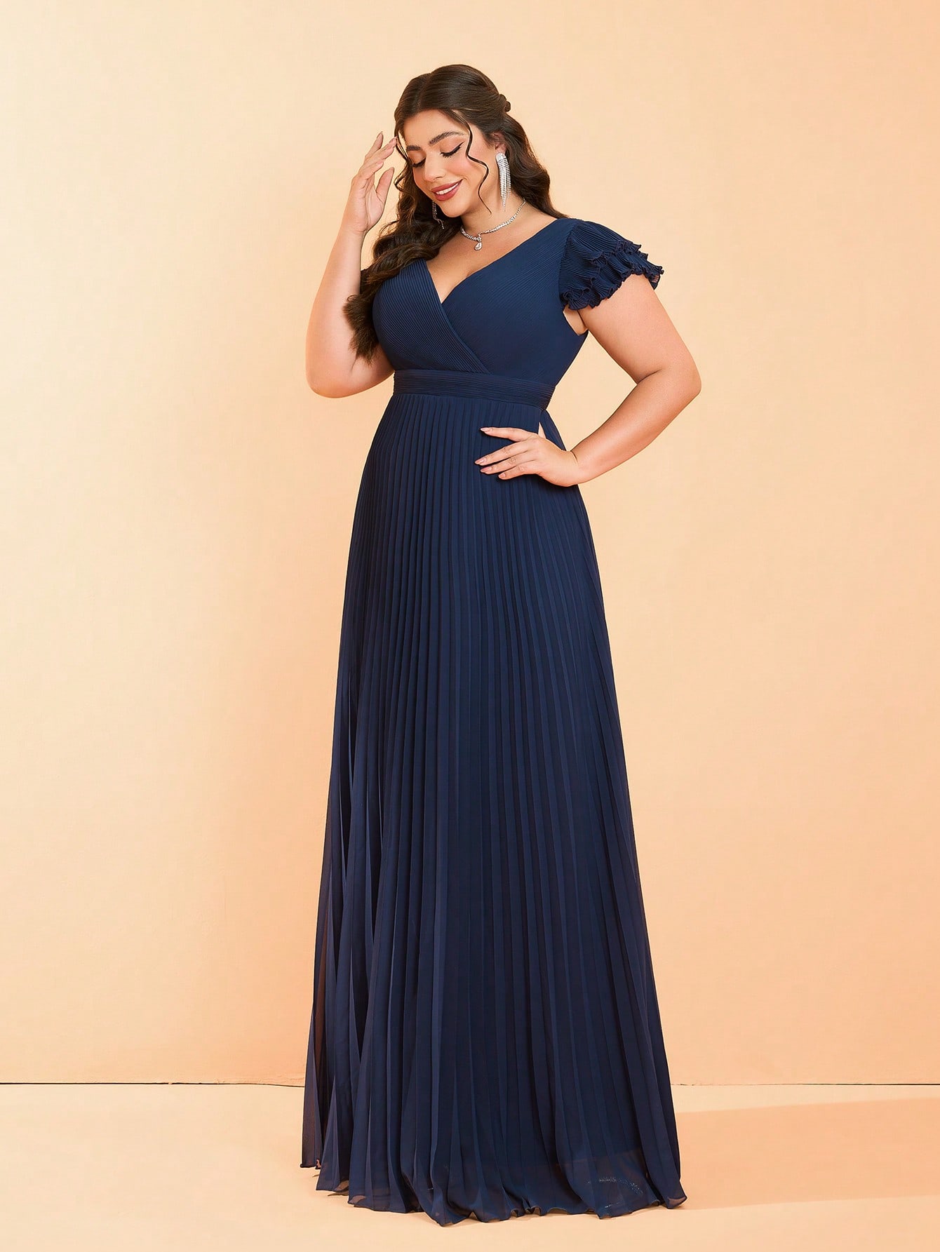 [Copy]Leely Plus Women's Elegant V Neck Cap Sleeve Pleated Dress
