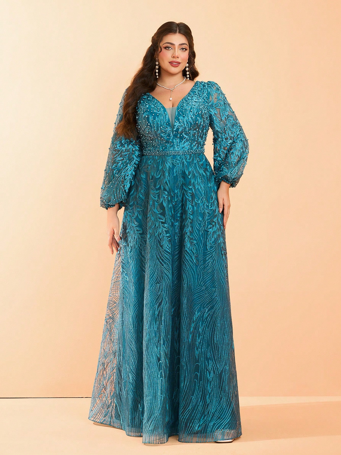 Leely Plus Women's V Neck Long Sleeve A‑Line Party Dress