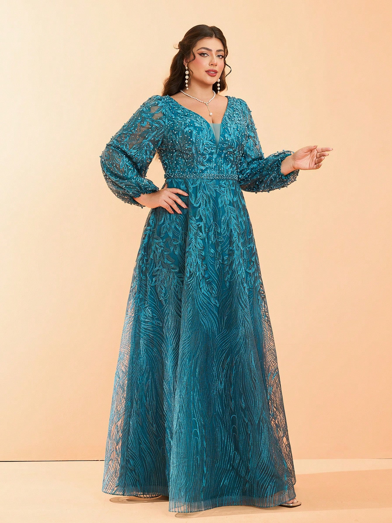 Leely Plus Women's V Neck Long Sleeve A‑Line Party Dress