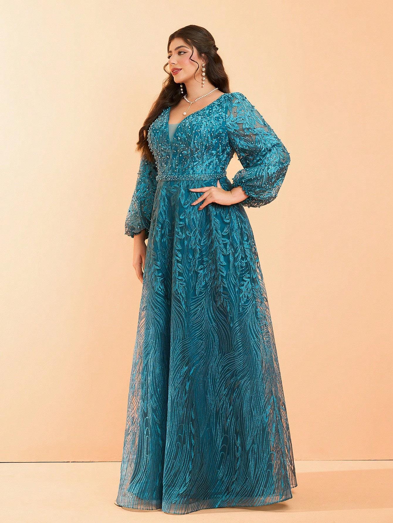 Leely Plus Women's V Neck Long Sleeve A‑Line Party Dress