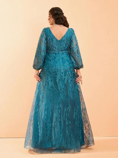 Leely Plus Women's V Neck Long Sleeve A‑Line Party Dress