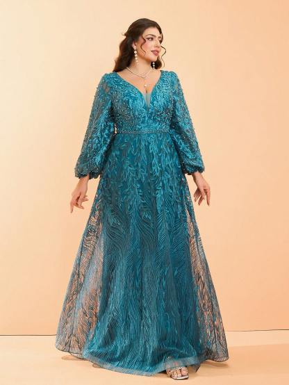 Leely Plus Women's V Neck Long Sleeve A‑Line Party Dress
