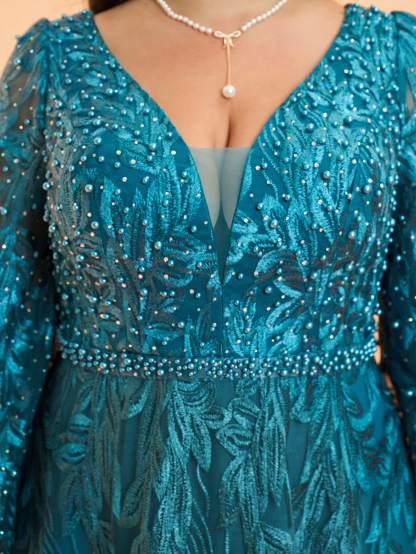 Leely Plus Women's V Neck Long Sleeve A‑Line Party Dress