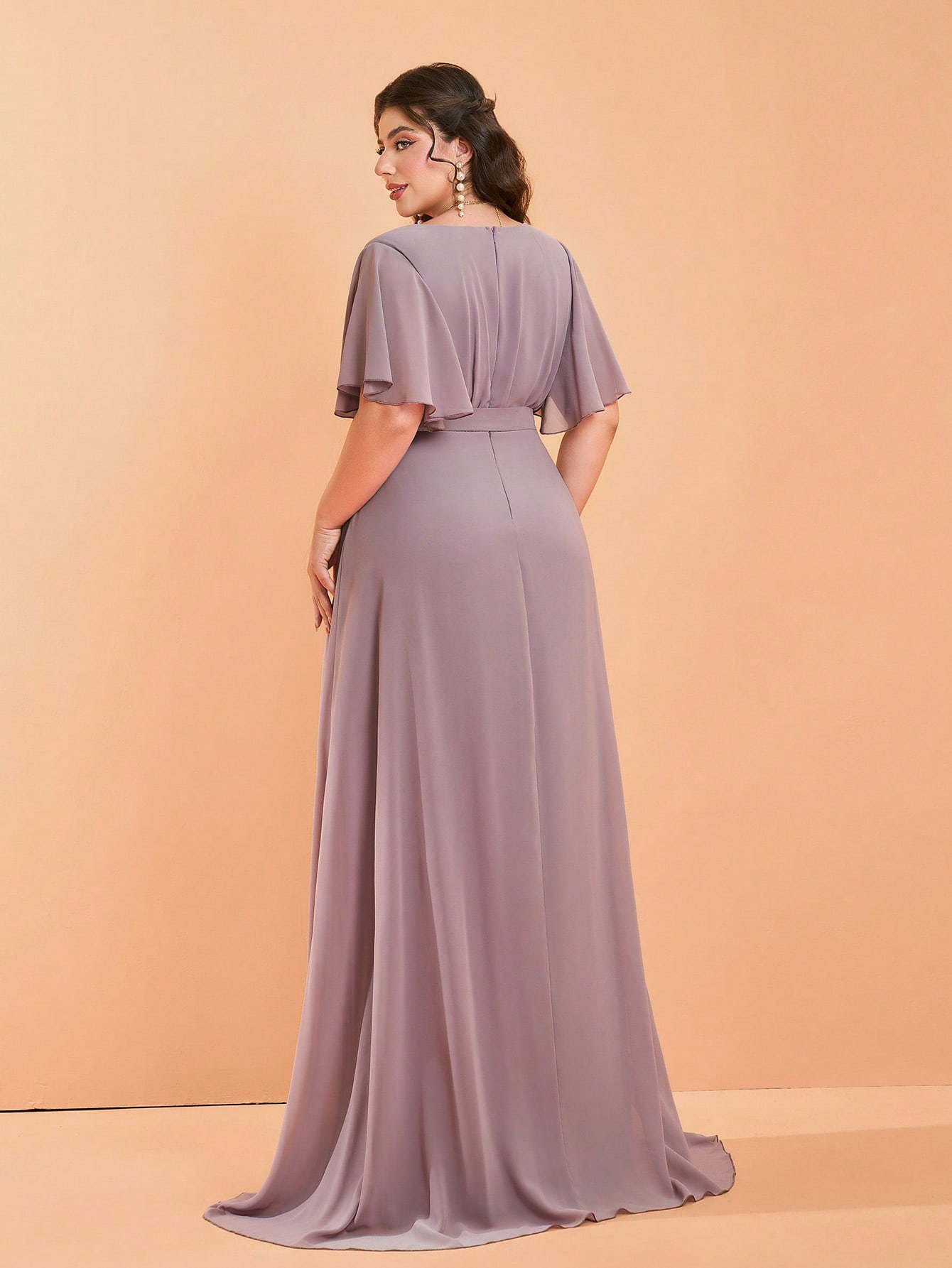 Leely Plus Women's Elegant V Neck Flounce Sleeve A-Line Dress