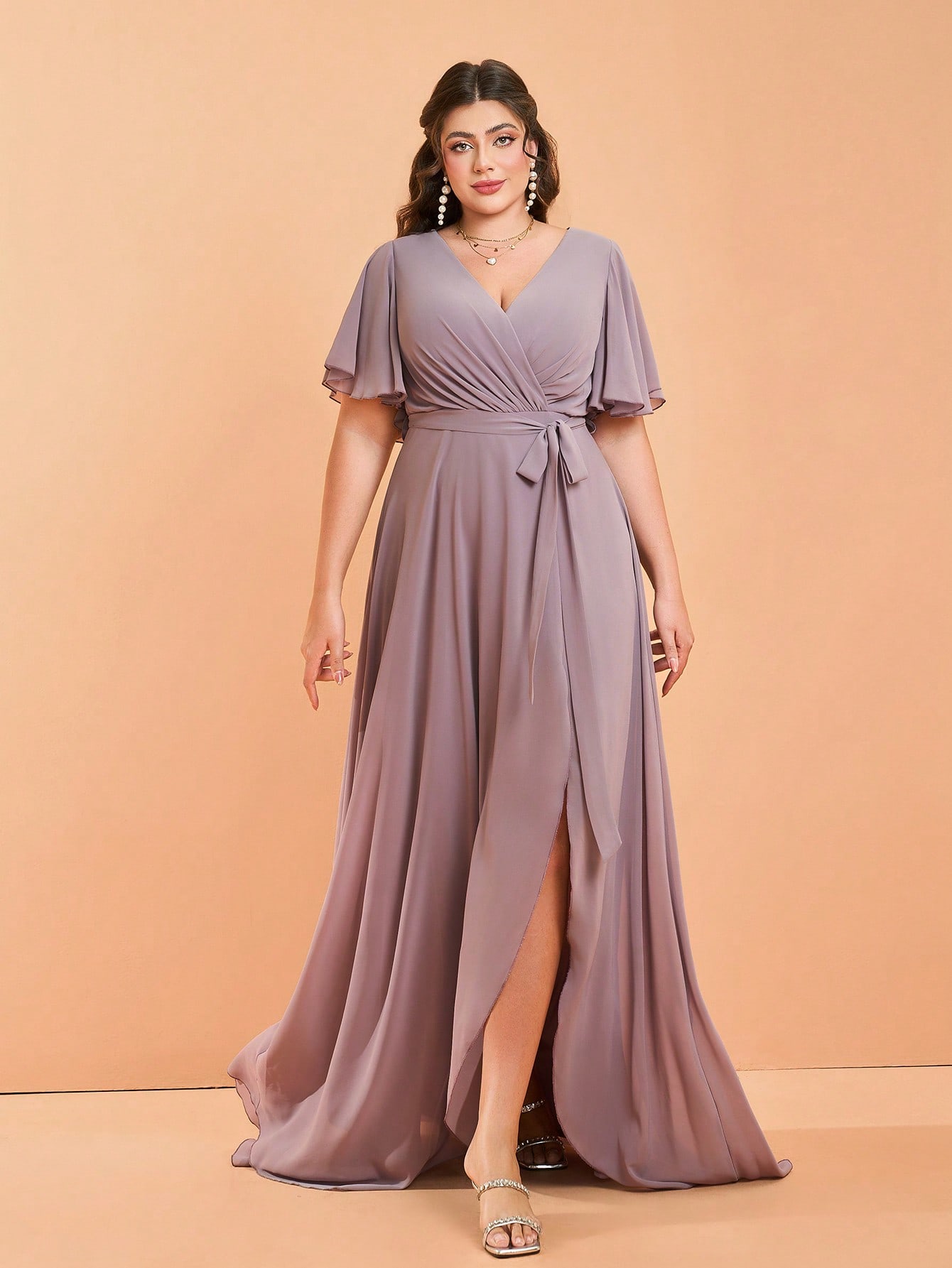 Leely Plus Women's Elegant V Neck Flounce Sleeve A-Line Dress