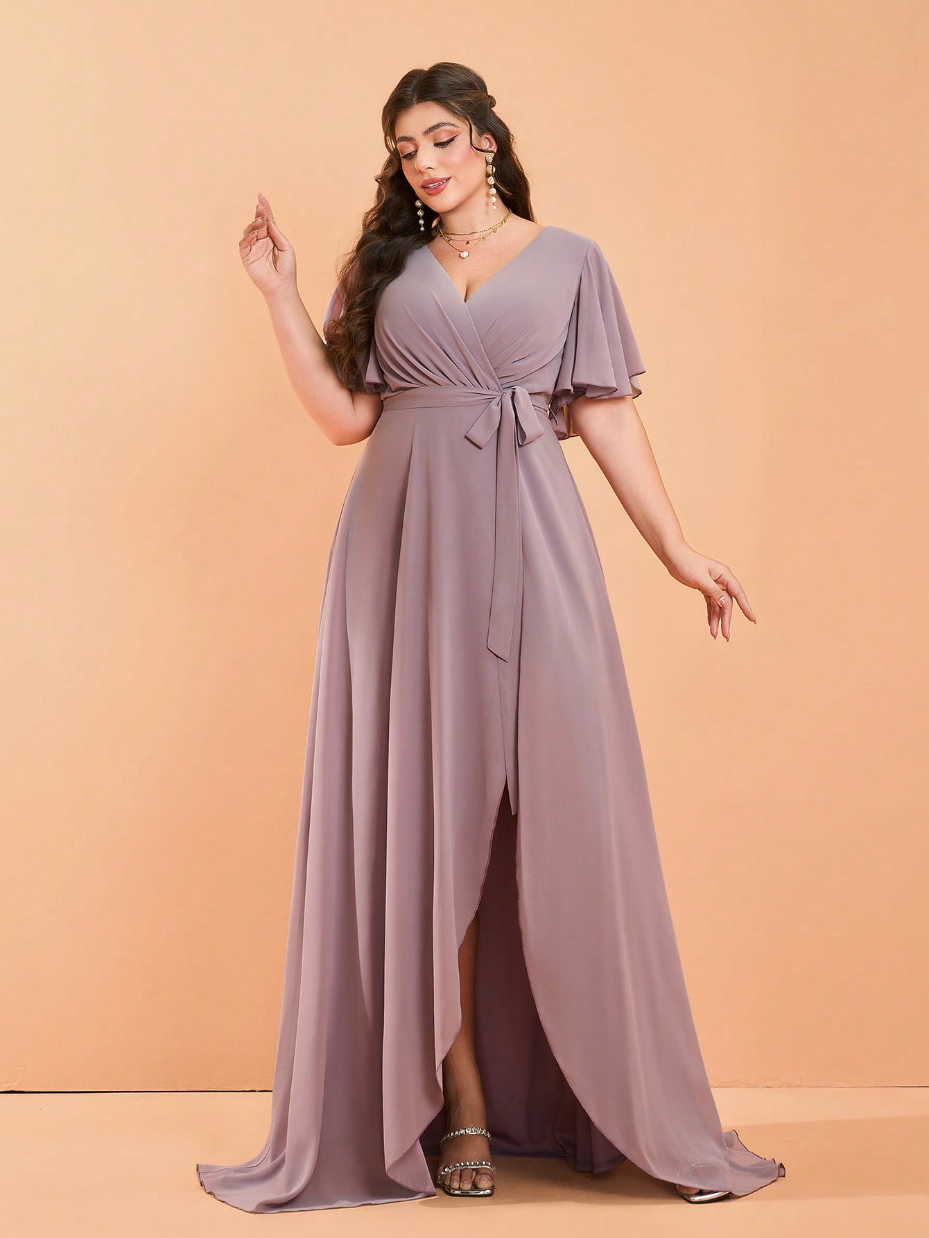 Leely Plus Women's Elegant V Neck Flounce Sleeve A-Line Dress