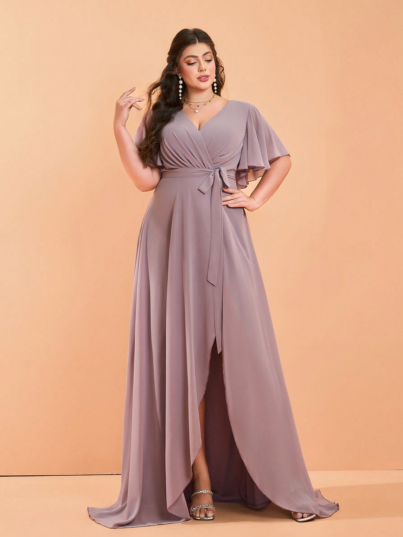Leely Plus Women's Elegant V Neck Flounce Sleeve A-Line Dress
