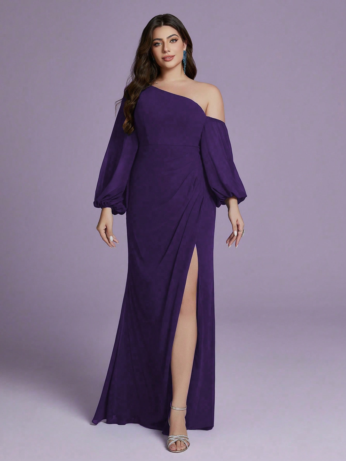 Leely Plus Women's Elegant Asymmetrical Neck Bishop Sleeve Party Dress