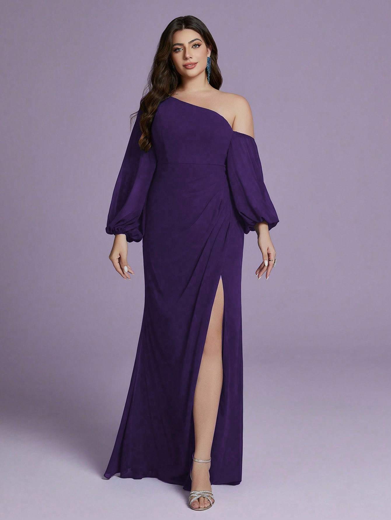 Leely Plus Women's Elegant Asymmetrical Neck Bishop Sleeve Party Dress