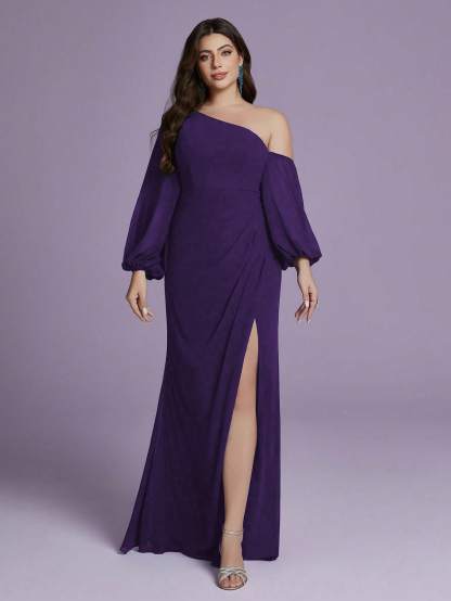 Leely Plus Women's Elegant Asymmetrical Neck Bishop Sleeve Party Dress