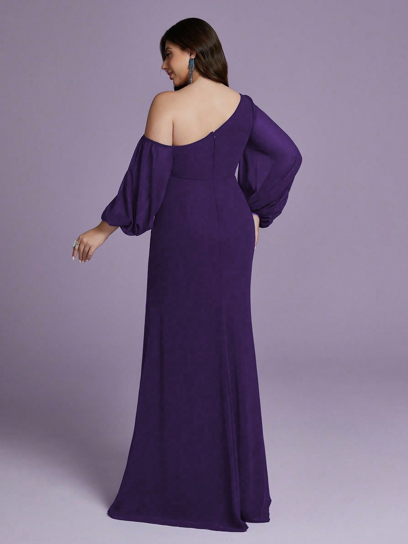 Leely Plus Women's Elegant Asymmetrical Neck Bishop Sleeve Party Dress