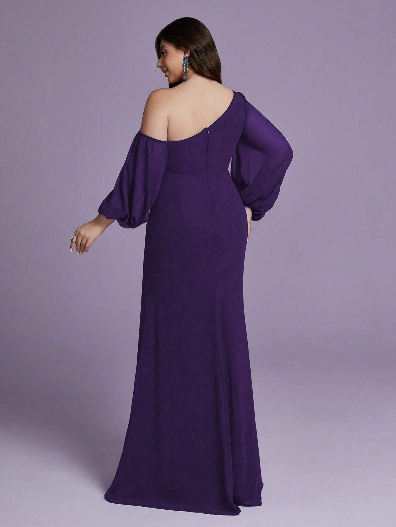 Leely Plus Women's Elegant Asymmetrical Neck Bishop Sleeve Party Dress