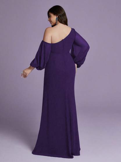 Leely Plus Women's Elegant Asymmetrical Neck Bishop Sleeve Party Dress