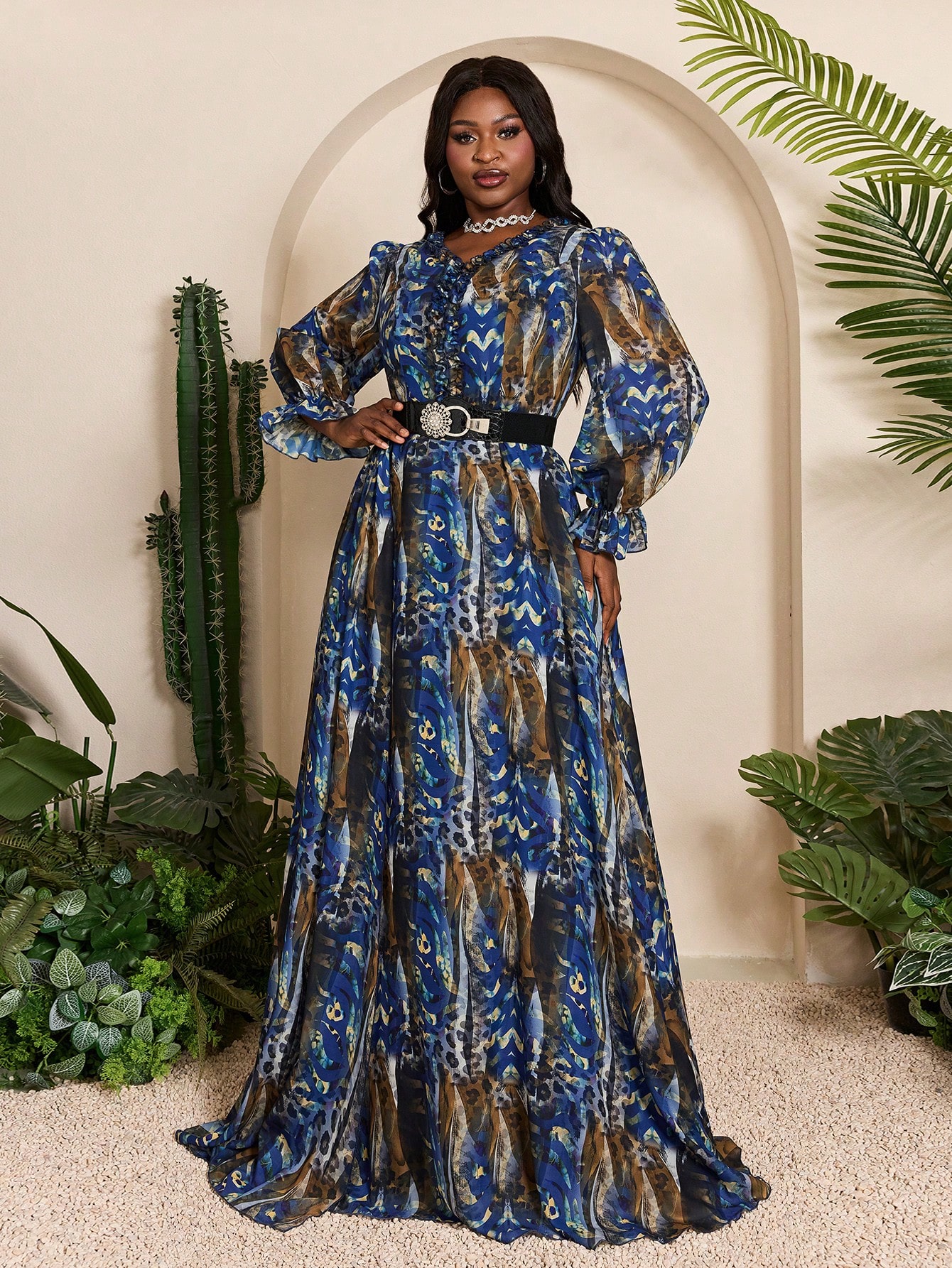 Leely Plus Women's Elegant V Neck Bishop Sleeve Party Dresses