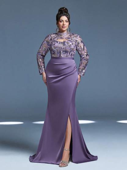 Leely Plus Women's Elegant High Neck Long Sleeve Graduation & Prom Dress