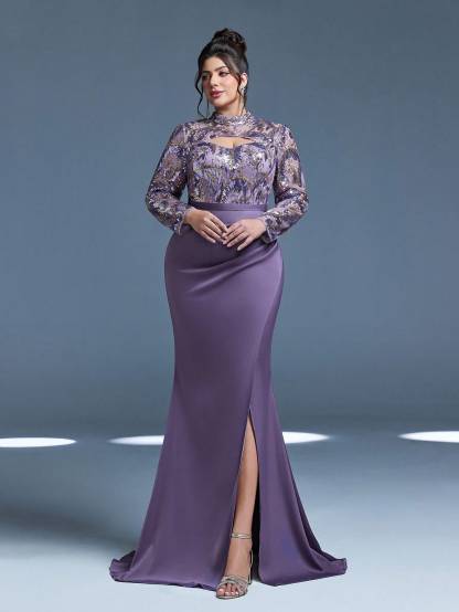 Leely Plus Women's Elegant High Neck Long Sleeve Graduation & Prom Dress