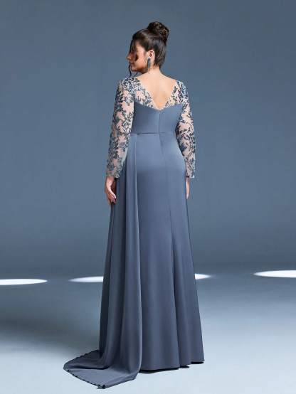 Leely Plus Women's Elegant Round Neck Long Sleeve Prom Dress