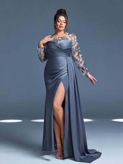 Leely Plus Women's Elegant Round Neck Long Sleeve Prom Dress