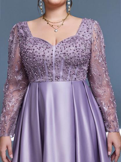 Leely Plus Women's Elegant Sweetheart Long Sleeve A-line Party Dress